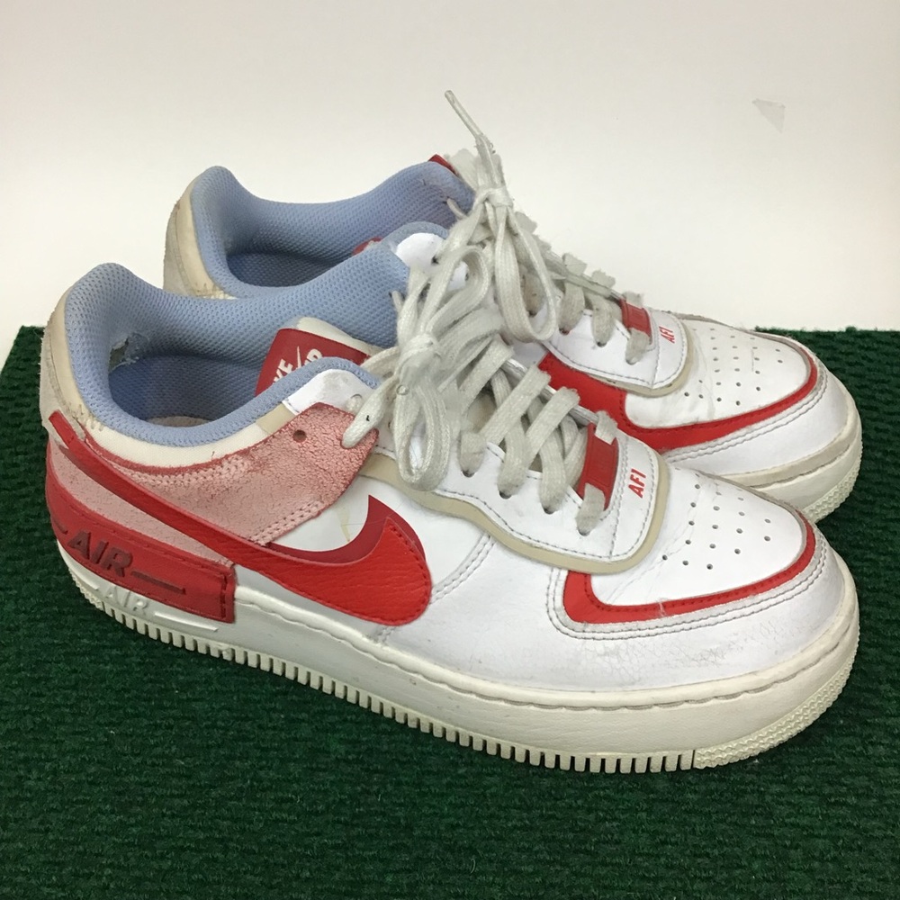 Nike Air Force 1 Shadow Cracked Leather Womens Size 7.5 Red White Sneaker Shoe